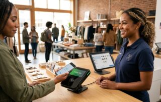 Modern retail storefront with Clover POS terminal and contactless payment interaction, cashier assisting diverse customers in efficient environment.