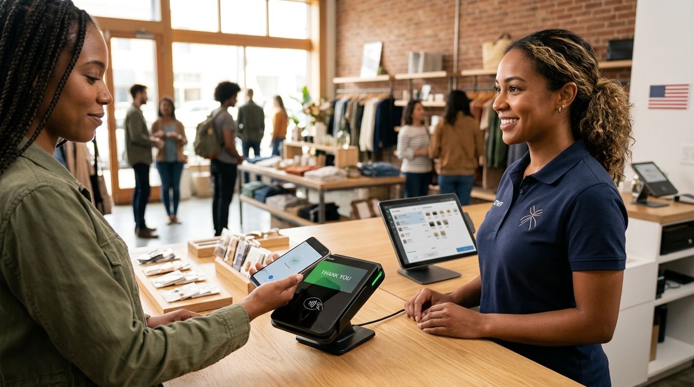 Modern retail storefront with Clover POS terminal and contactless payment interaction, cashier assisting diverse customers in efficient environment.