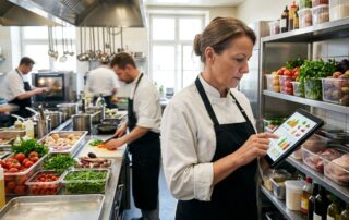 Busy restaurant kitchen scene with manager using tablet POS for inventory management amid fresh supplies and staff prep