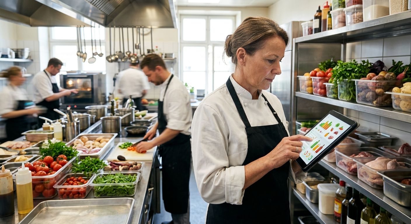 Busy restaurant kitchen scene with manager using tablet POS for inventory management amid fresh supplies and staff prep