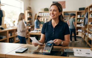 Confident small business owner processing contactless credit card payment on sleek POS terminal at modern retail counter, calculator and fee chart nearby, bright store interior with customers in background.