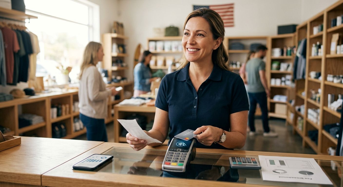 Confident small business owner processing contactless credit card payment on sleek POS terminal at modern retail counter, calculator and fee chart nearby, bright store interior with customers in background.
