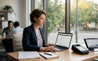 Professional photograph of a small business owner reviewing payment processing options on a laptop with a Clover POS terminal and tablet on the desk in a modern office setting