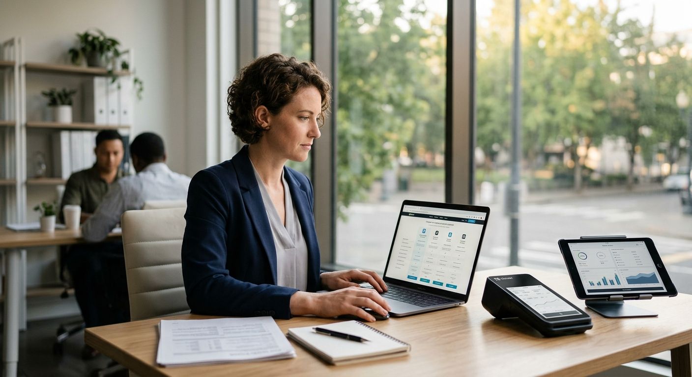 Professional photograph of a small business owner reviewing payment processing options on a laptop with a Clover POS terminal and tablet on the desk in a modern office setting