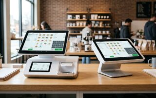 Clover Station Duo and Clover Station Solo POS terminals side by side on a light-wood countertop in a modern cafe setting, with natural daylight and soft shadows.
