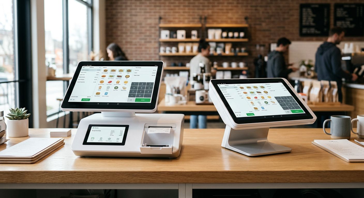 Clover Station Duo and Clover Station Solo POS terminals side by side on a light-wood countertop in a modern cafe setting, with natural daylight and soft shadows.