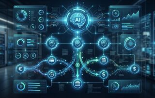 Futuristic digital illustration of an AI-powered payment dashboard with glowing processor nodes and data streams, representing autonomous agentic commerce payments.