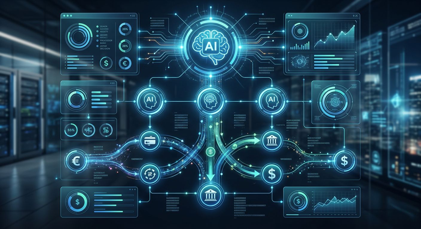 Futuristic digital illustration of an AI-powered payment dashboard with glowing processor nodes and data streams, representing autonomous agentic commerce payments.
