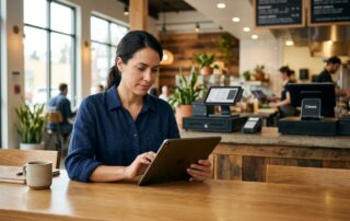 Small business owner studying a tablet with payment pricing comparison at a wooden table, Clover and Toast terminals visible on counter in background, natural light, modern restaurant setting.