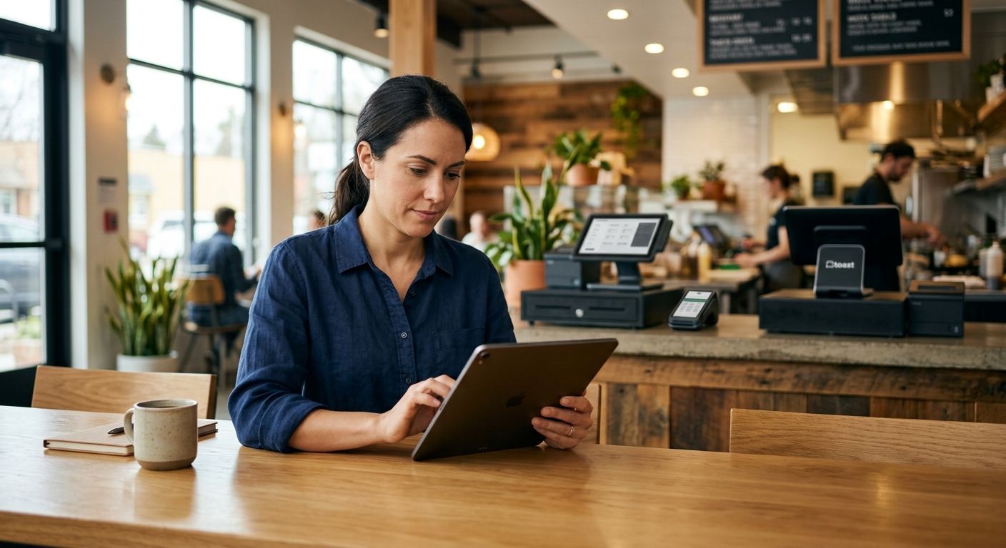 Small business owner studying a tablet with payment pricing comparison at a wooden table, Clover and Toast terminals visible on counter in background, natural light, modern restaurant setting.