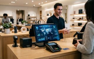 Bright retail checkout counter with modern POS terminal and tablet showing AI fraud prevention dashboard, shield icons, and transaction monitoring map.