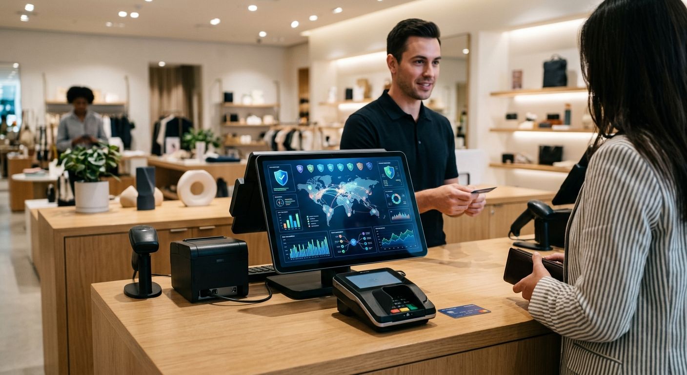 Bright retail checkout counter with modern POS terminal and tablet showing AI fraud prevention dashboard, shield icons, and transaction monitoring map.