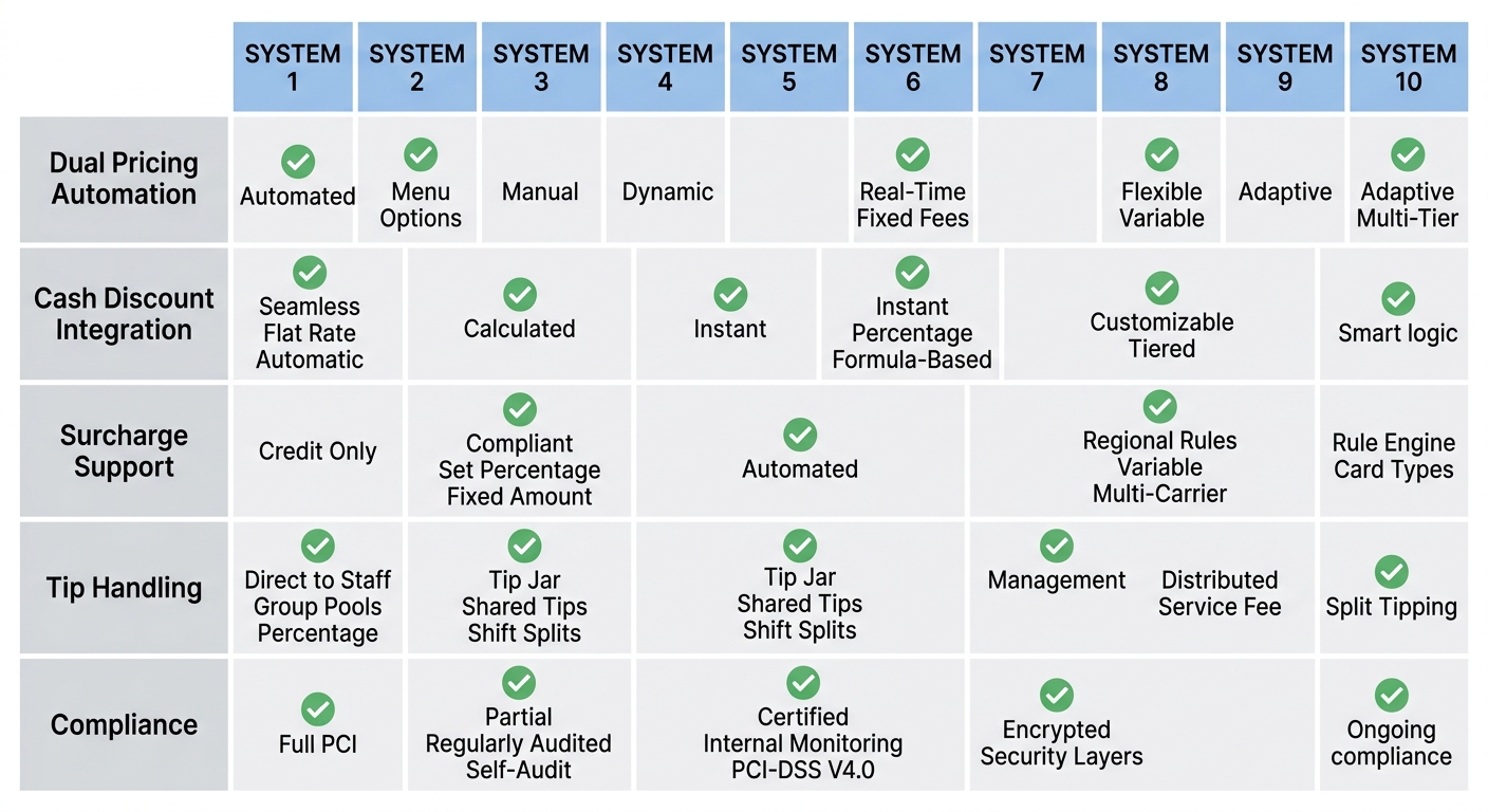 Comparison matrix of ten POS systems across five key criteria including dual pricing automation, cash discount integration, surcharge support, tip handling, and compliance.