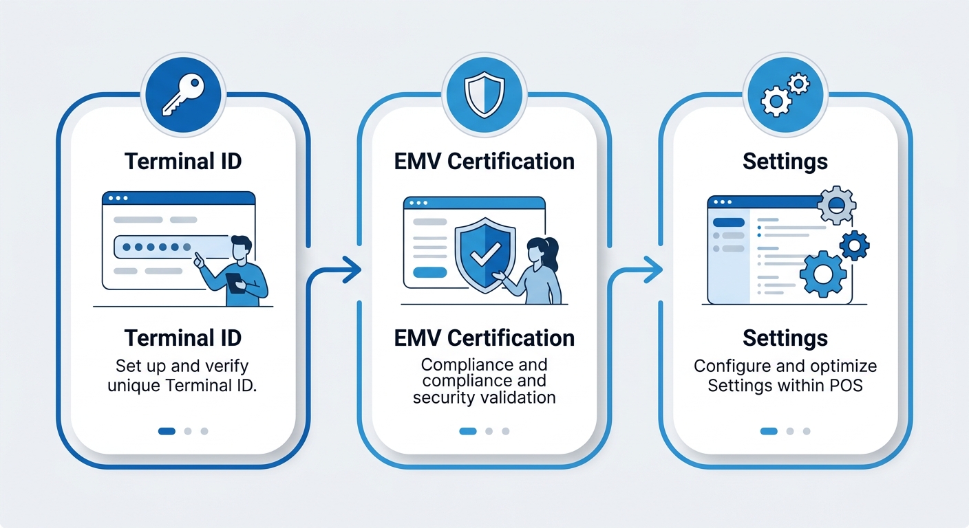 Horizontal process flow showing three troubleshooting steps for POS integration: Verify Terminal ID, Check EMV Certification Status, and Adjust Merchant Account Settings with arrows connecting each step.