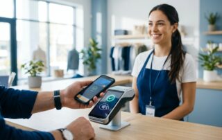 Customer tapping a smartphone on an NFC-enabled POS terminal to pay contactless, with a smiling cashier in the background of a bright, modern retail store interior.
