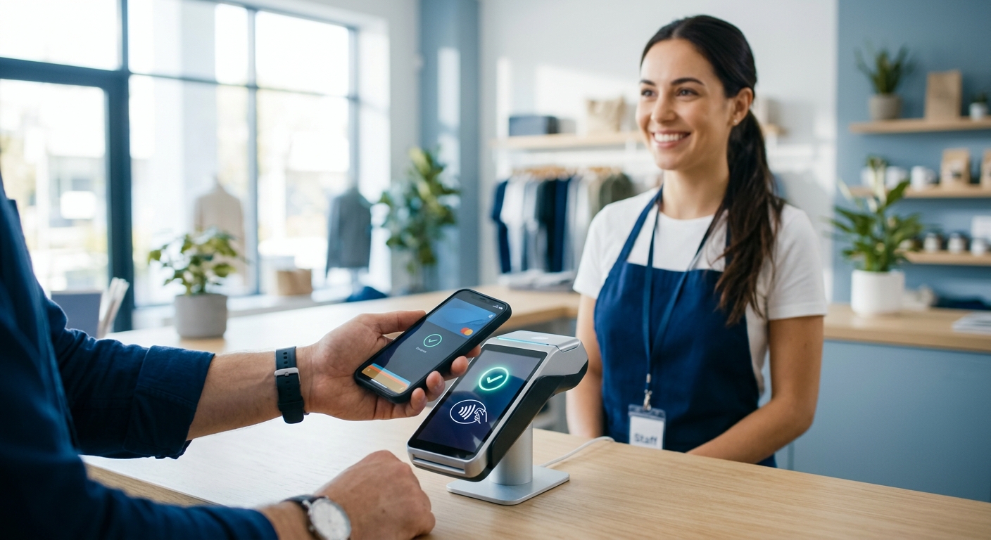 Customer tapping a smartphone on an NFC-enabled POS terminal to pay contactless, with a smiling cashier in the background of a bright, modern retail store interior.