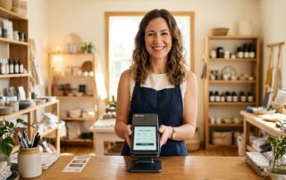 Small business owner smiling behind a counter, Clover terminal in hand, bright retail space with wood shelving and sunlit window