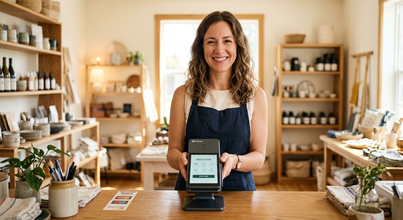 featured-75d88ed8-ad75-426b-b92f-3ed569032cd9 Small business owner smiling behind a counter, Clover terminal in hand, bright retail space with wood shelving and sunlit window