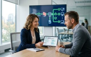 Female consultant showing a tablet with PCI DSS 4.0 compliance checklist to a male colleague in a modern office with a network security diagram on the wall screen, conveying trust and expertise in payment security.