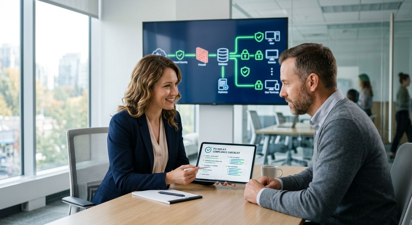 Female consultant showing a tablet with PCI DSS 4.0 compliance checklist to a male colleague in a modern office with a network security diagram on the wall screen, conveying trust and expertise in payment security.