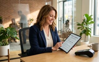Business owner smiling while reviewing a merchant agreement on a tablet with a POS terminal on a desk in a bright modern office