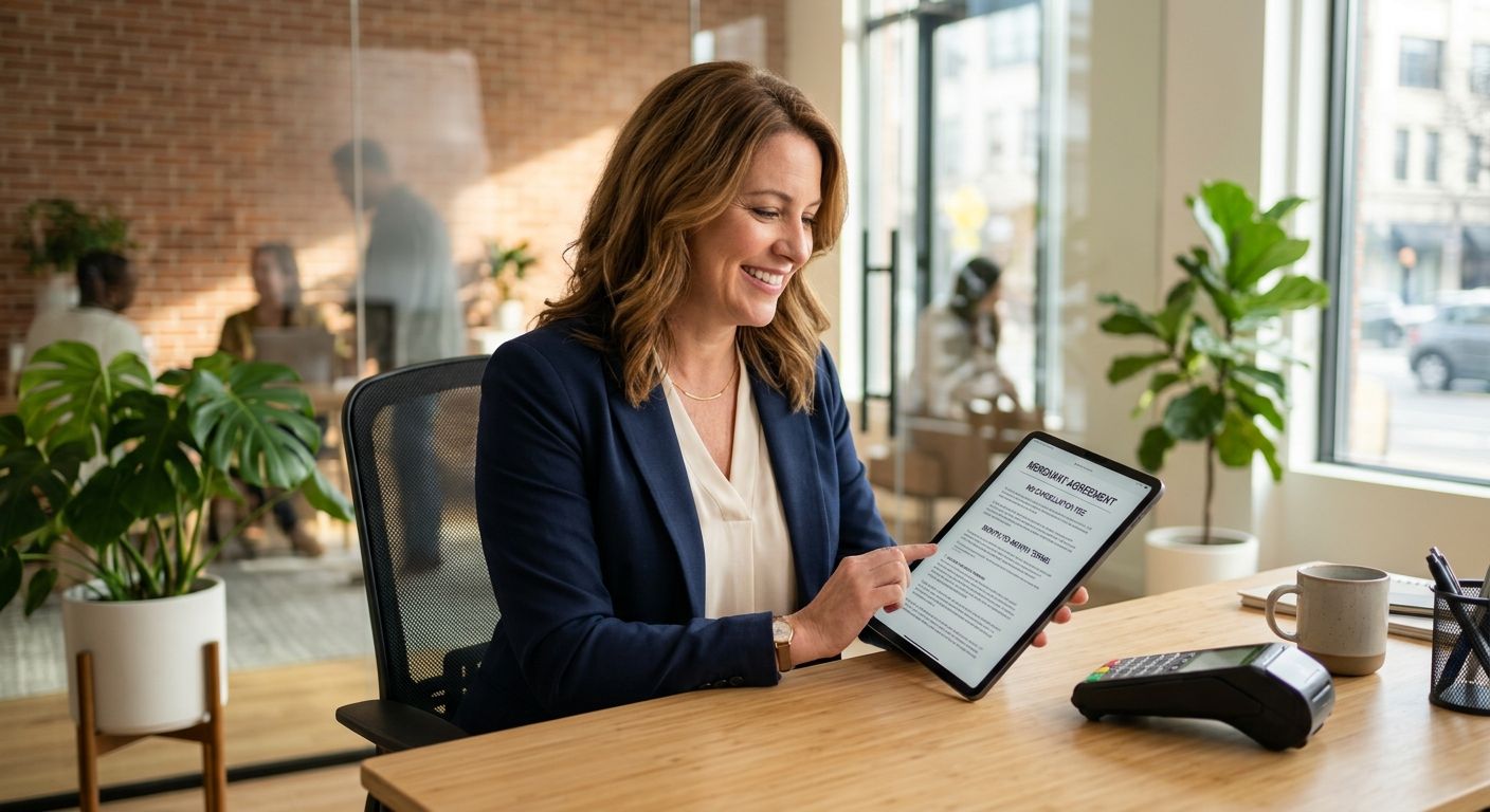Business owner smiling while reviewing a merchant agreement on a tablet with a POS terminal on a desk in a bright modern office