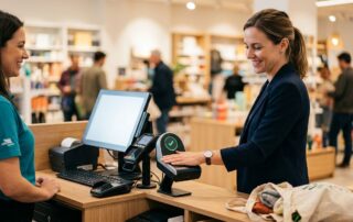 Customer using palm vein scanner for biometric payment at a modern retail checkout counter with a cashier present