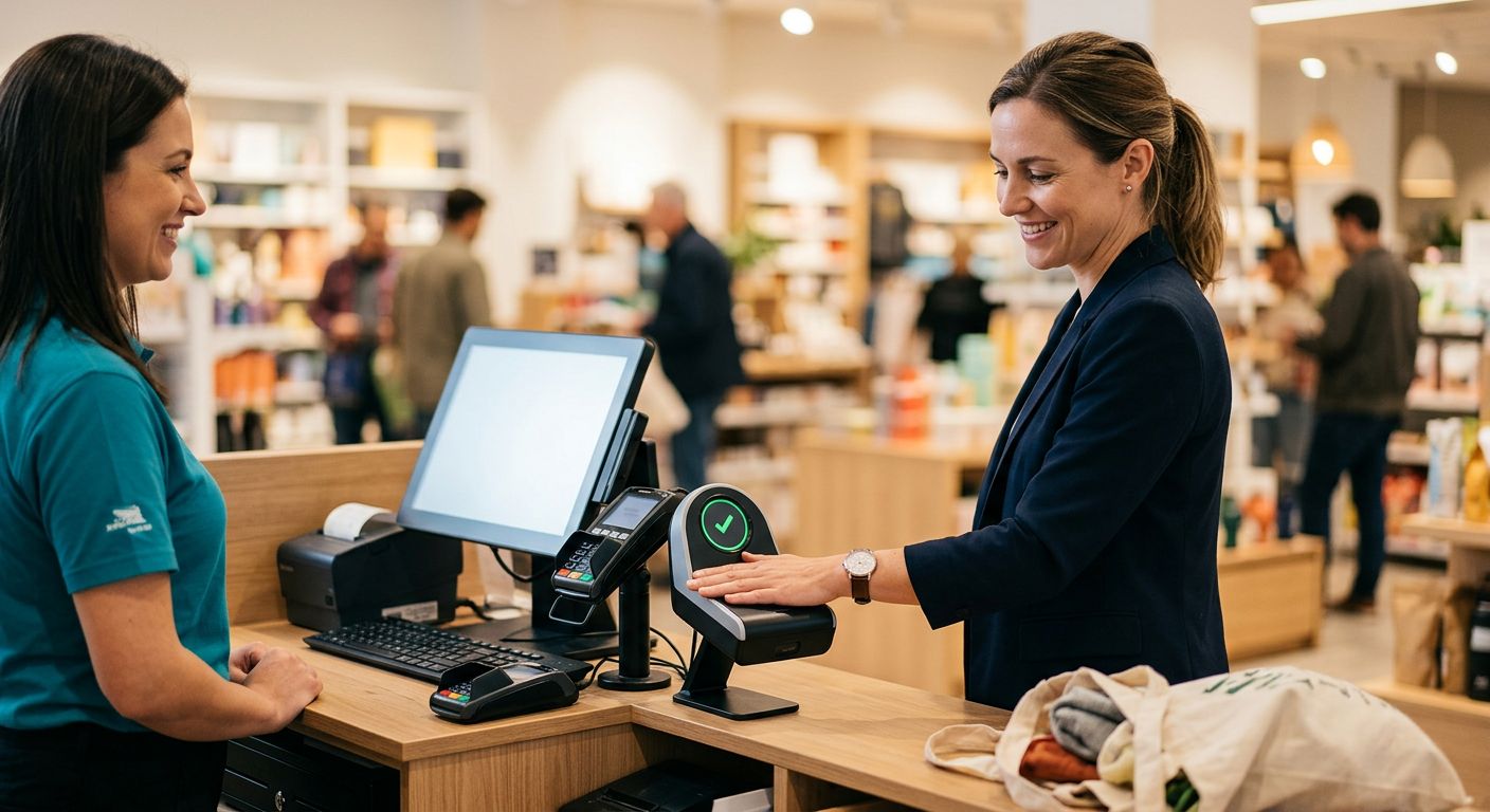 featured-c8191645-0a66-4ad6-9cc0-d112587f42cf Customer using palm vein scanner for biometric payment at a modern retail checkout counter with a cashier present