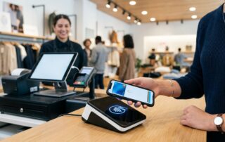 Customer tapping smartphone on NFC-enabled payment terminal at a modern retail store checkout counter, digital wallet app displayed, sleek POS system in background with shallow depth of field.