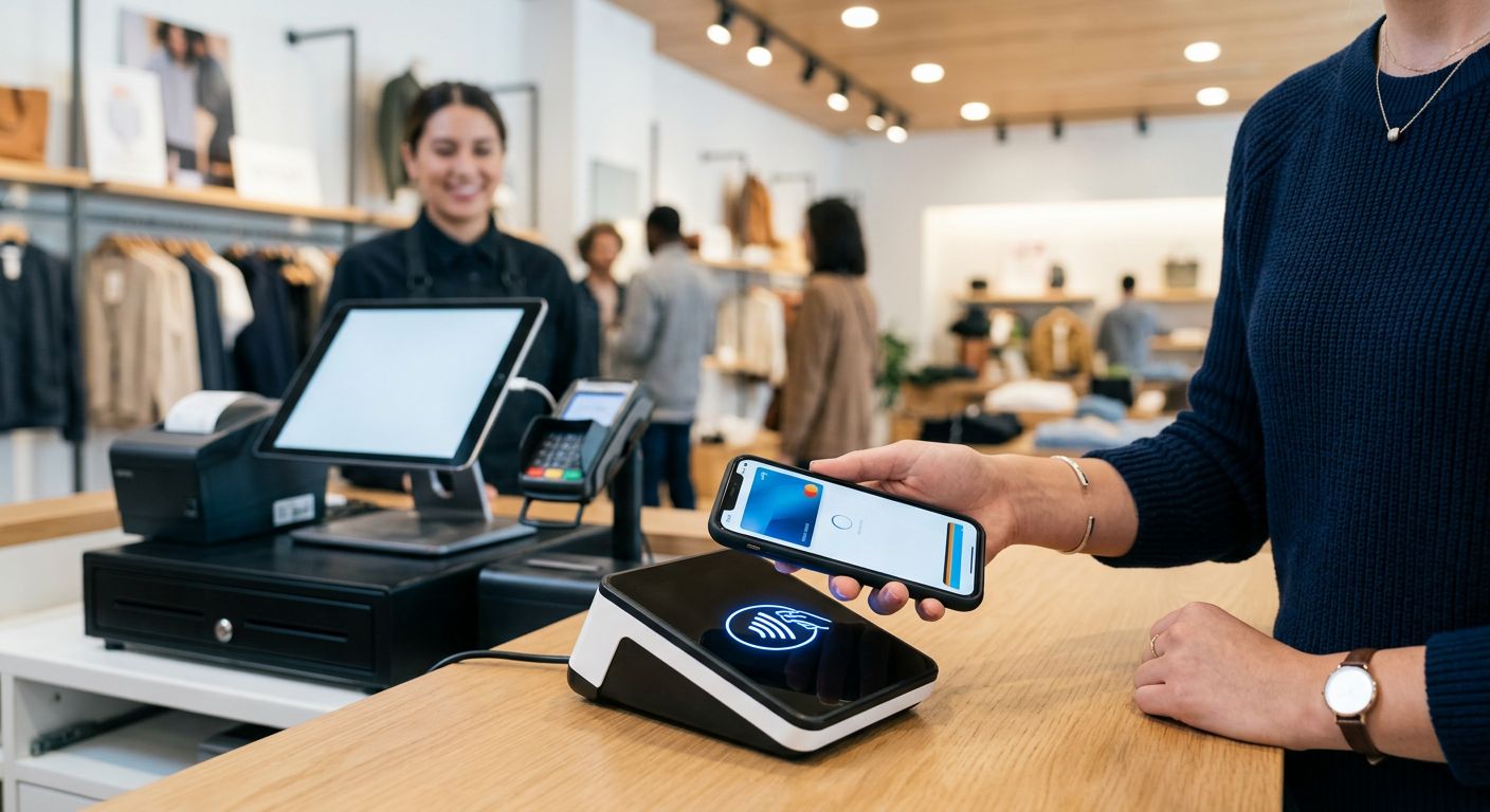 featured-ca1bf4c3-1321-4b14-9574-9533a4778e4b Customer tapping smartphone on NFC-enabled payment terminal at a modern retail store checkout counter, digital wallet app displayed, sleek POS system in background with shallow depth of field.