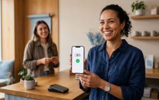 A small business owner in a modern boutique holds an iPhone displaying a contactless payment checkmark, with a smiling customer in the blurred background, conveying security and speed.