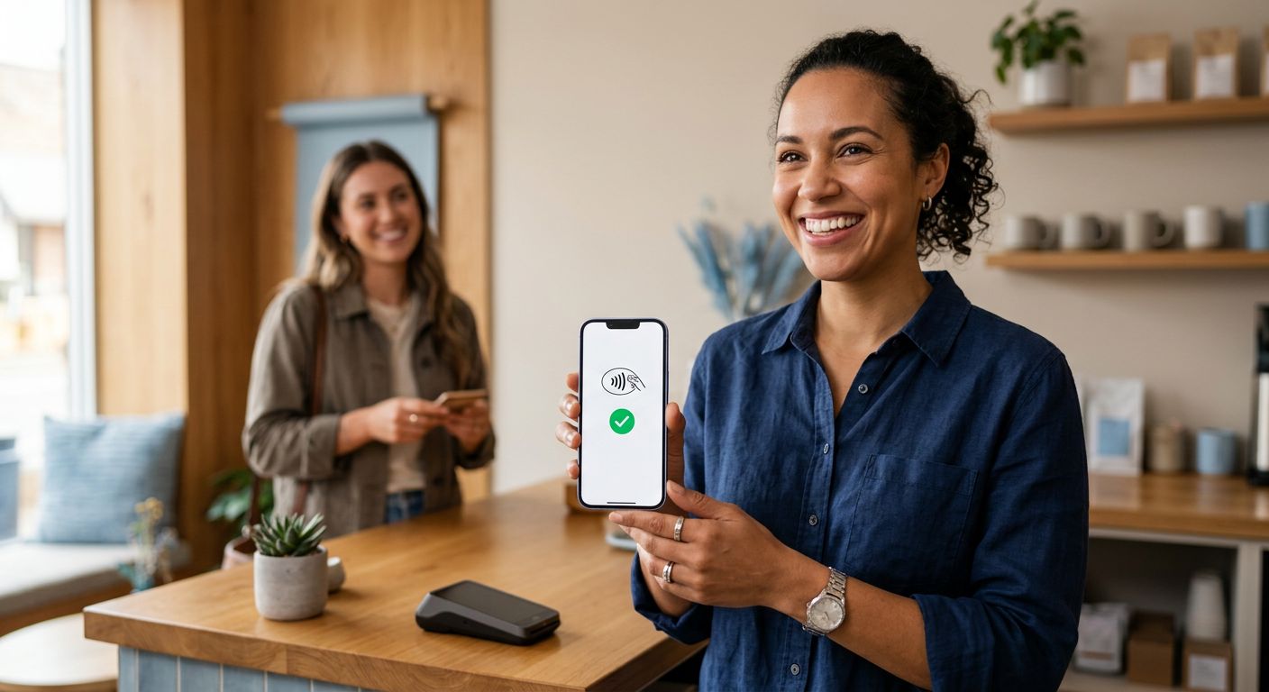 A small business owner in a modern boutique holds an iPhone displaying a contactless payment checkmark, with a smiling customer in the blurred background, conveying security and speed.
