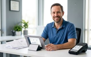 Small business owner at desk with Clover POS terminal and tablet showing merchant account interface