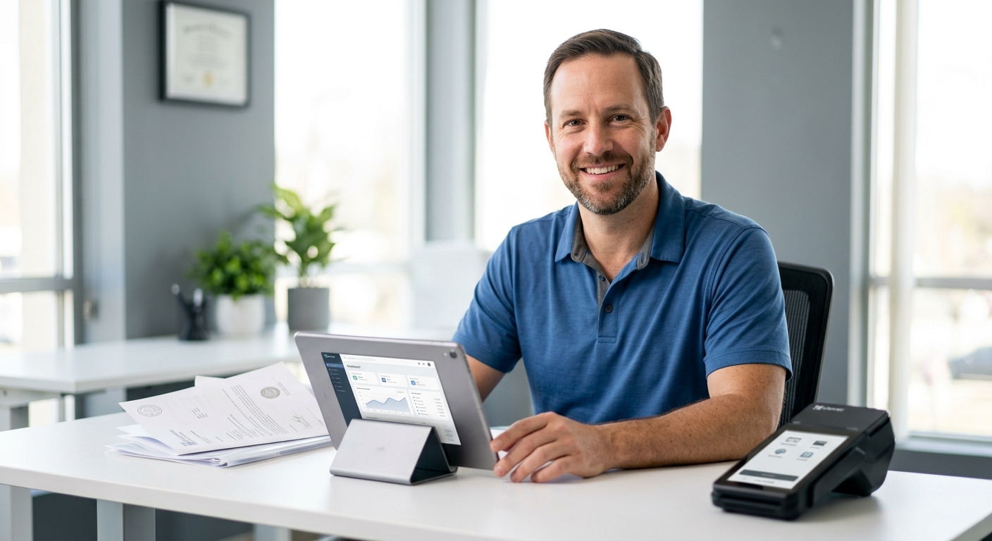 Small business owner at desk with Clover POS terminal and tablet showing merchant account interface