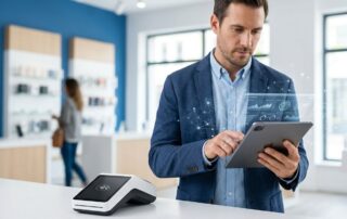 Small business owner using tablet with payment analytics dashboard and POS terminal in modern retail setting