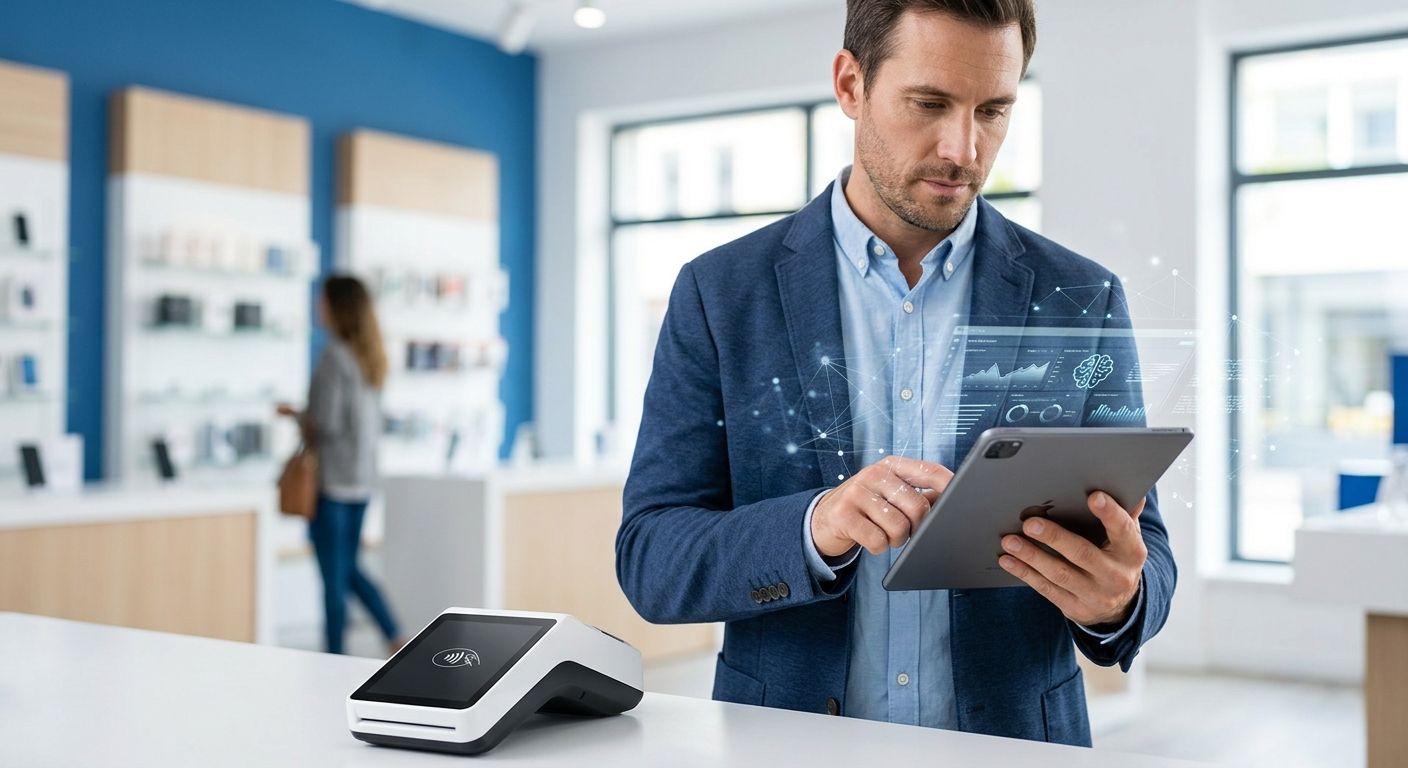 Small business owner using tablet with payment analytics dashboard and POS terminal in modern retail setting