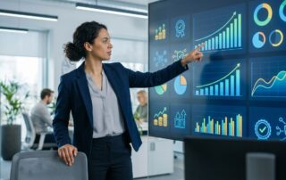 Business analyst in business casual attire pointing at a large digital dashboard displaying merchant portfolio metrics, trend graphs, and security compliance badges in a modern office