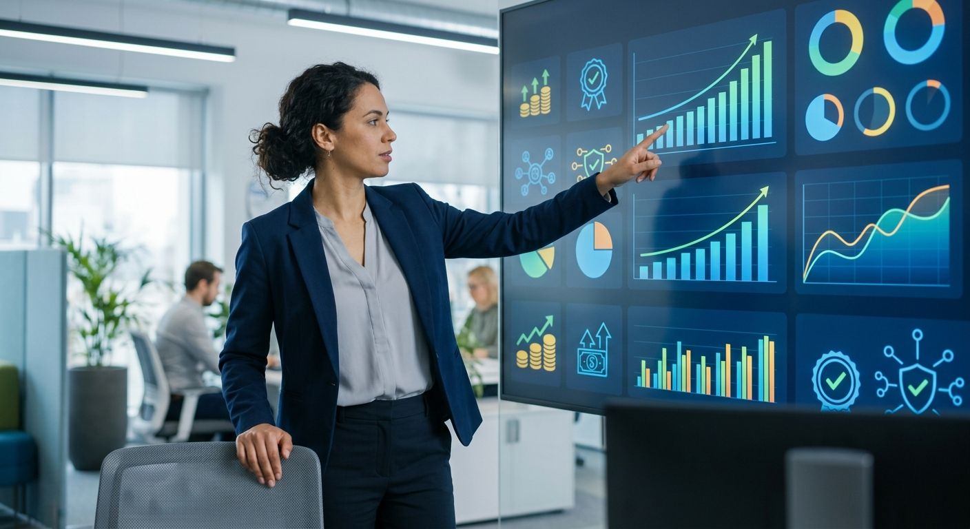 Business analyst in business casual attire pointing at a large digital dashboard displaying merchant portfolio metrics, trend graphs, and security compliance badges in a modern office