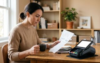 Small business owner reviewing merchant statement with POS terminal