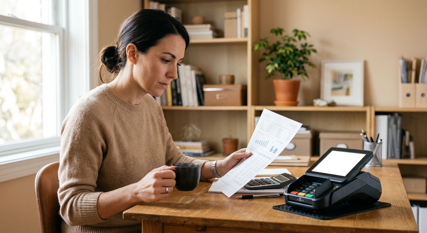 Small business owner reviewing merchant statement with POS terminal