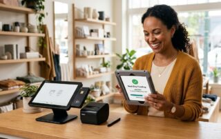 Small business owner smiling while reviewing next-day funding confirmation on a tablet with Clover POS terminal on counter