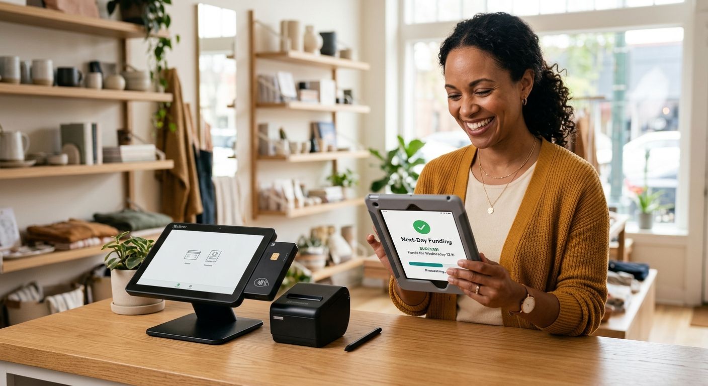Small business owner smiling while reviewing next-day funding confirmation on a tablet with Clover POS terminal on counter