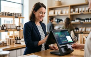 A small business owner using an integrated POS terminal while a customer taps a contactless card