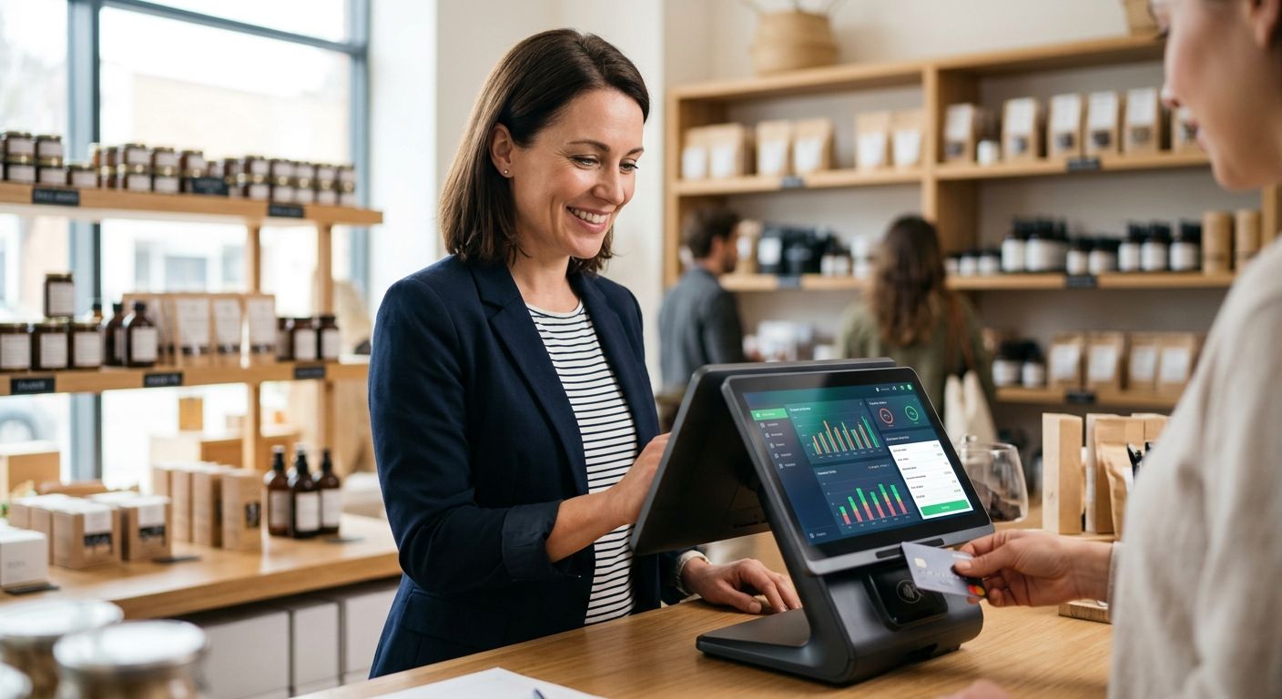 featured-f7152e12-5f20-4f73-a467-4c1e9dd7d131 A small business owner using an integrated POS terminal while a customer taps a contactless card