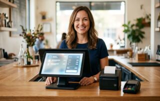 Professional photograph of a Clover POS terminal on a modern counter with a smiling business owner, conveying trust and transparent pricing.