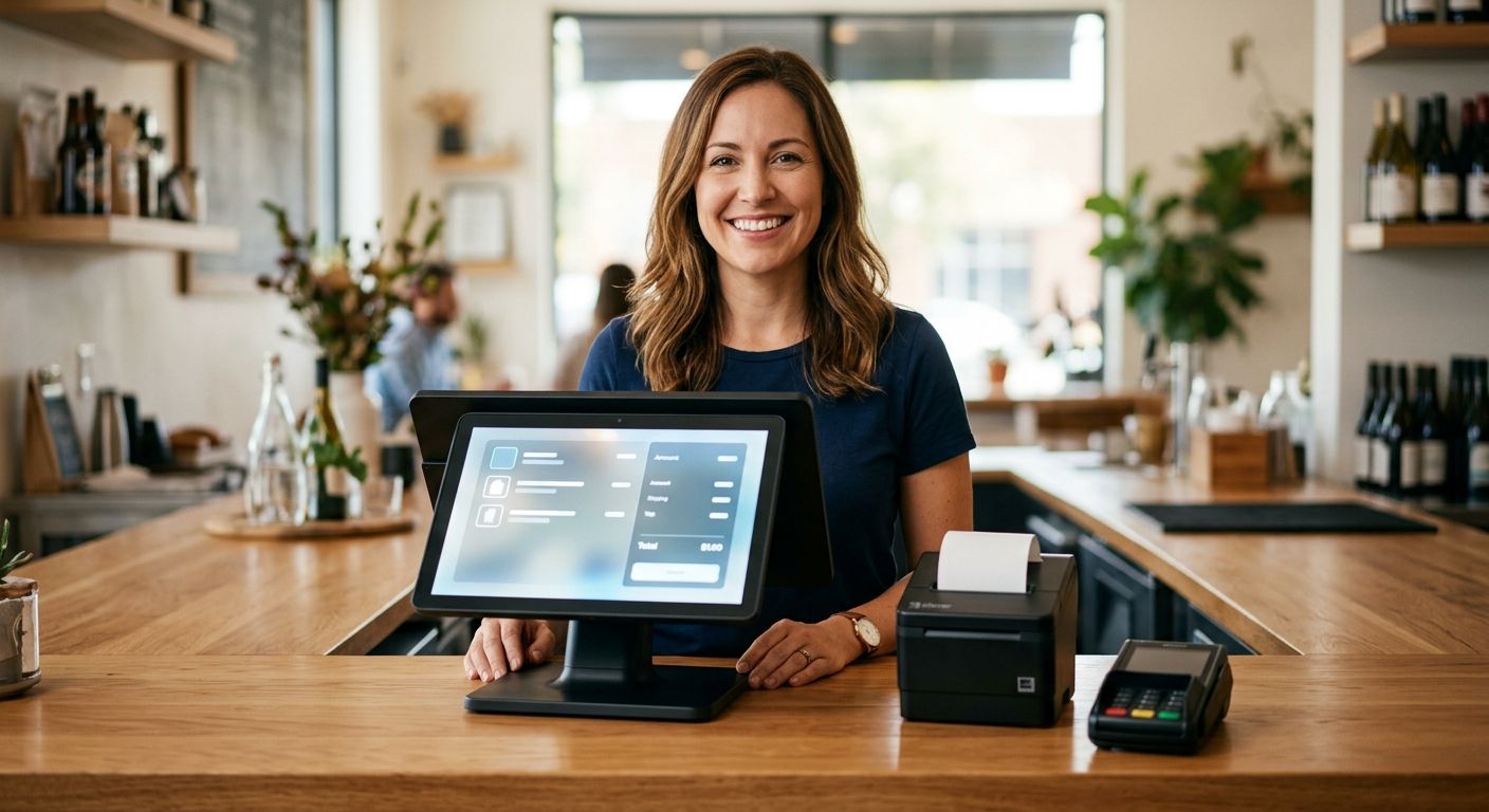 Professional photograph of a Clover POS terminal on a modern counter with a smiling business owner, conveying trust and transparent pricing.