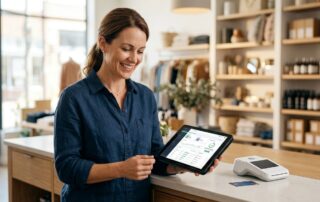 Retail store owner smiling behind counter, using tablet with merchant account dashboard showing 'Application Submitted' status, POS terminal and credit card on counter, blurred retail shelves in background
