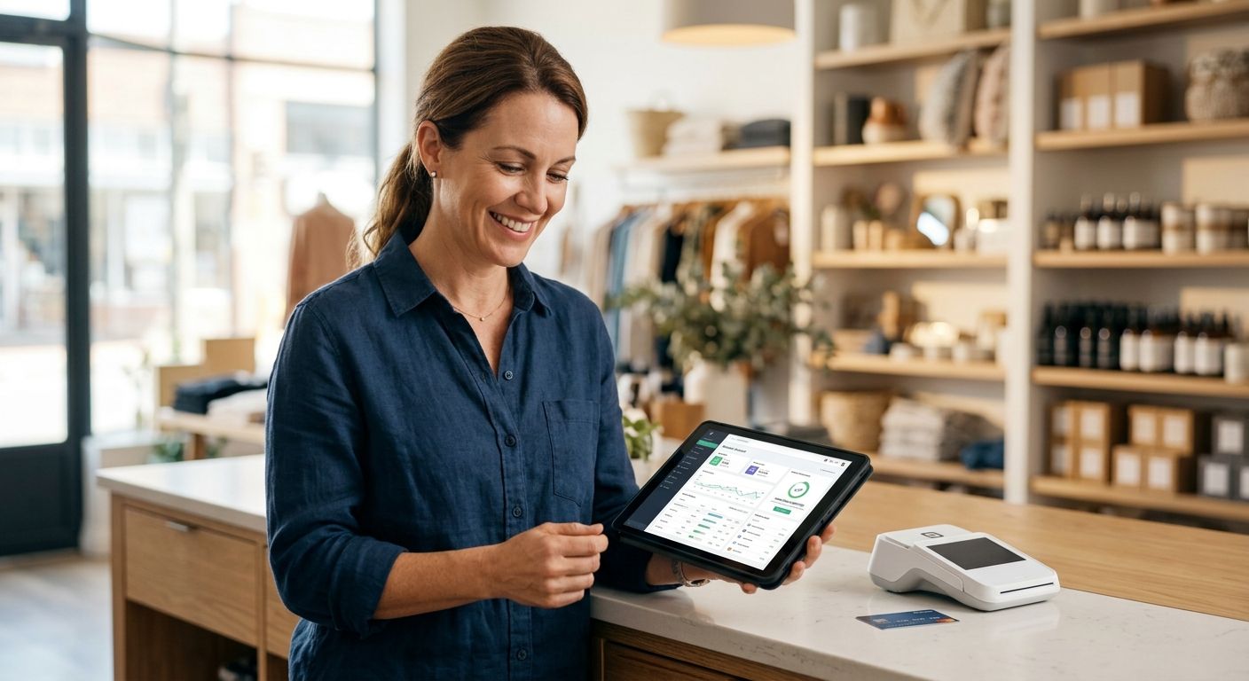 featured-1ec8b105-d102-4d15-87bc-32f8d486f731 Retail store owner smiling behind counter, using tablet with merchant account dashboard showing 'Application Submitted' status, POS terminal and credit card on counter, blurred retail shelves in background