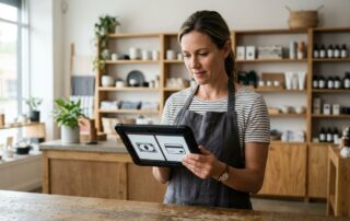 Small business owner comparing cash and card pricing options on a tablet in a modern retail shop