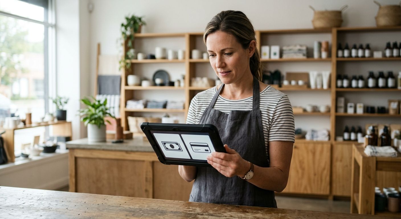 Small business owner comparing cash and card pricing options on a tablet in a modern retail shop
